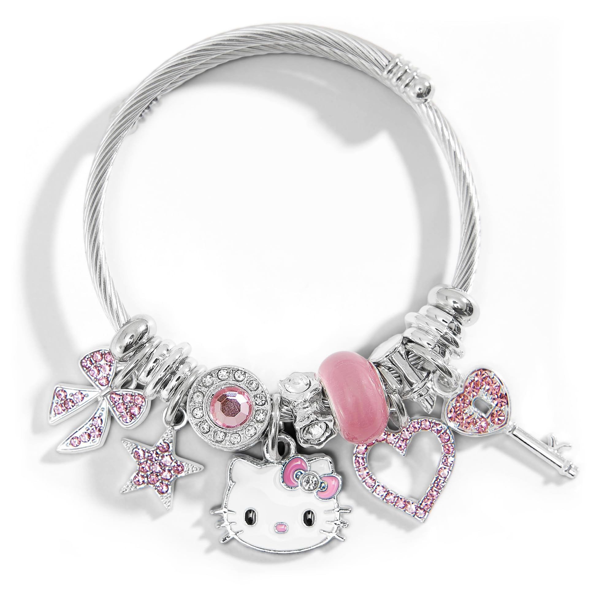 SANNIDHI Kawaii Girls Bracelet Cute Hello Kitty Bangle Pink Reshinestone Shining Girls Bangle Friendship Bracelet Stainless Steel Adjustable Hello Kitty Bangle for Girls Jewelry Gift for Girls