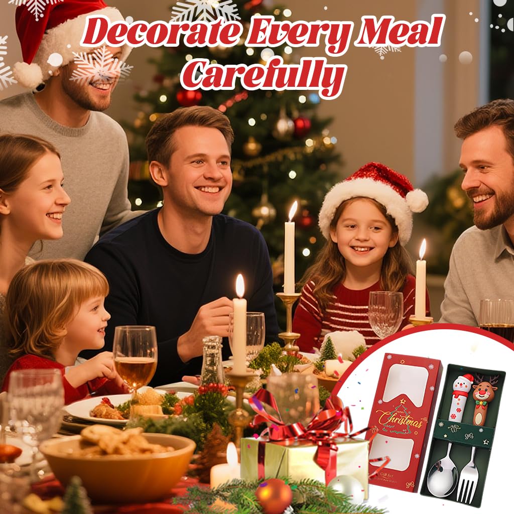HASTHIP Christmas Spoon and Fork Set 2PCS for Holiday Dining with Elk and Snowman Toppers | Stainless Steel Silver Flatware Gift Box