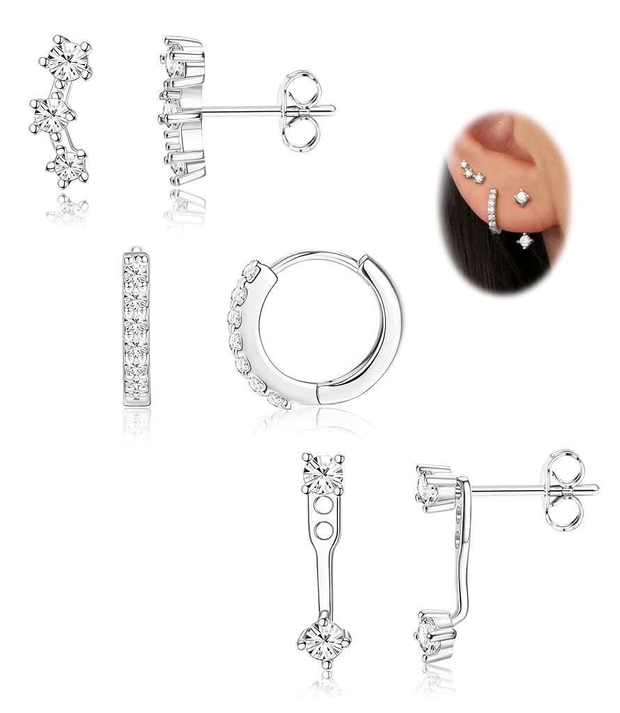 SANNIDHI® 3 Pairs Ear Studs Silver Earrings Set Ear Studs Zircon Hypoallergenic Earrings Fashion Zircon Ear Studs Earrings Women Jewelry Gift Earrings Set