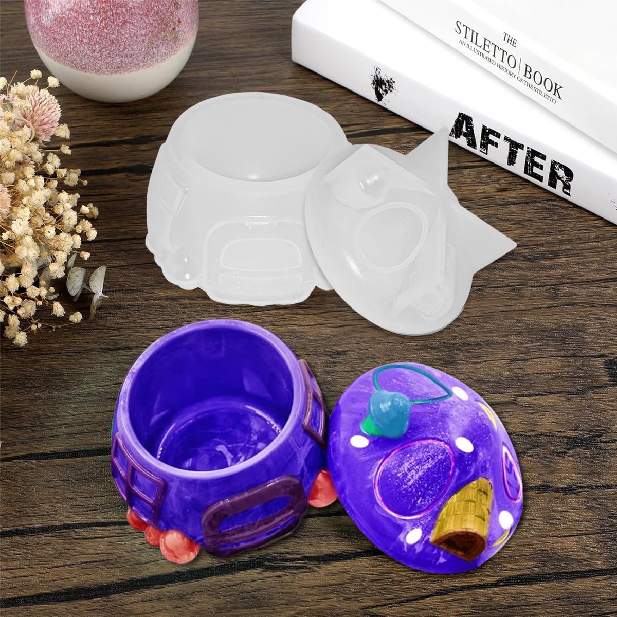 HASTHIP Silicone Resin Mold for DIY Mushroom House Jar with Lid featuring Roof Chimney Design