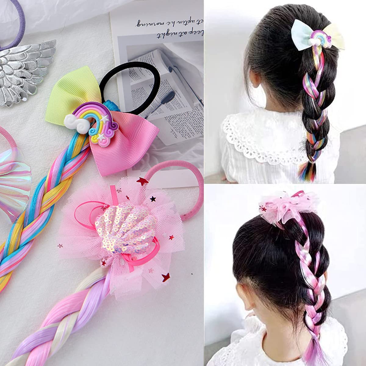 SANNIDHI Hair Extensions for Kids with Rubber Band Bows and Glitter Braids | 6PCS Synthetic Ponytails