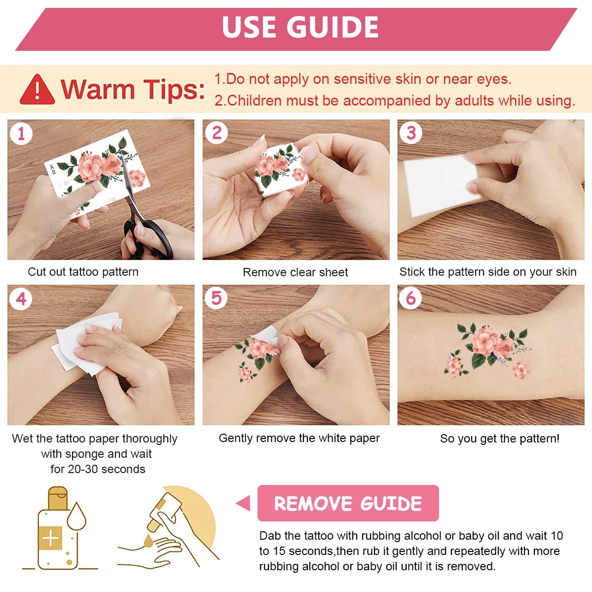 HASTHIP 12 Sheets Waterproof Color Flowers Temporary Assorted Roses Tatto Stickers for Body Tattoos Art