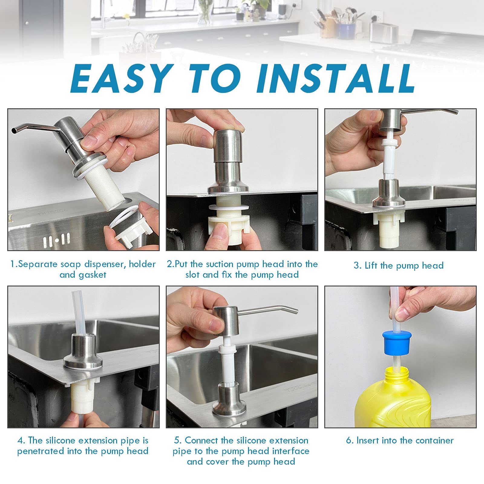 HANNEA Soap Dispenser for Kitchen Sink with 47 in Tube featuring 360° Rotatable Pump | 304 Stainless Steel