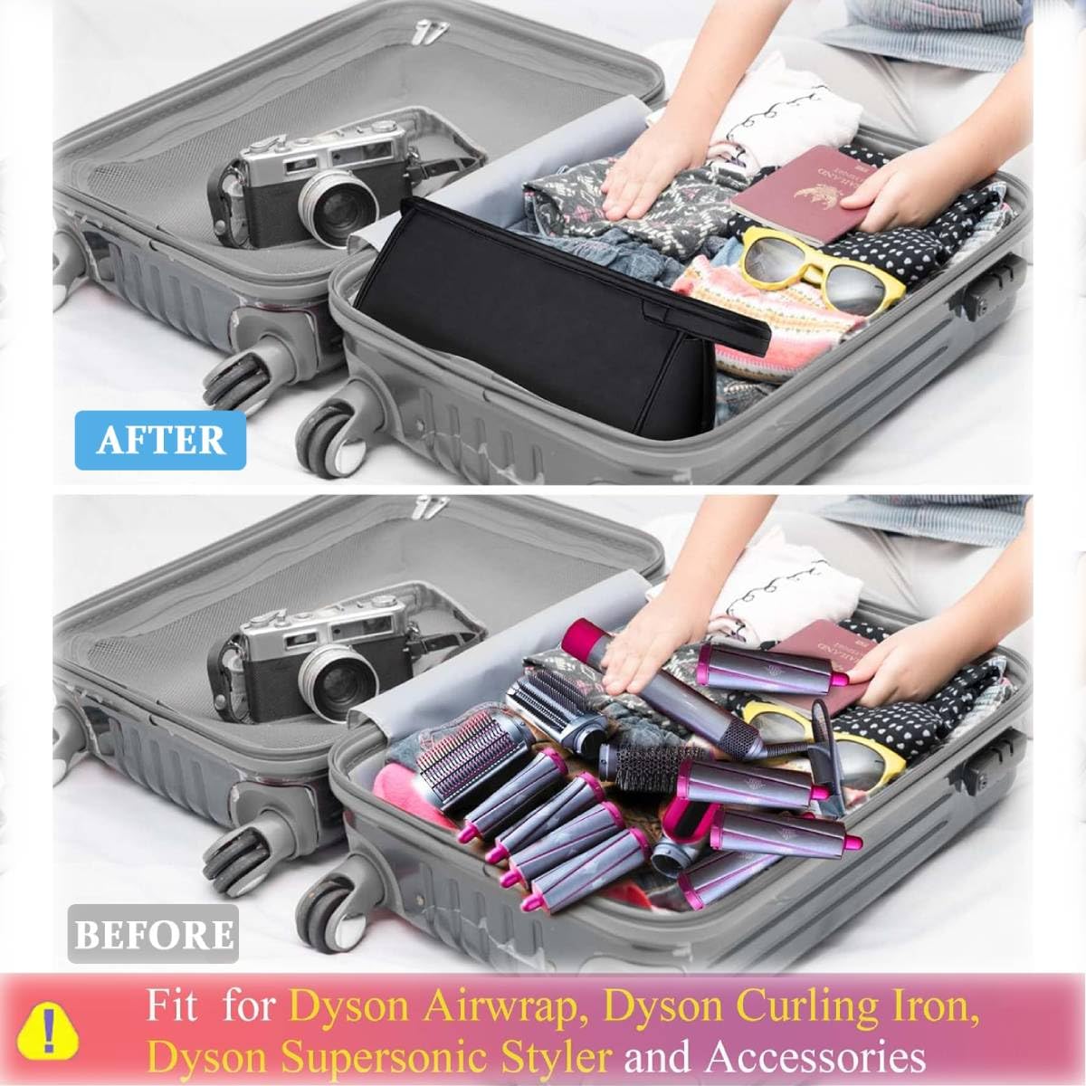 MAYCREATE Travel Case for Airwrap Styler and Supersonic Hair Dryer featuring 39.5×22 cm dual-compartment waterproof PU design | Black