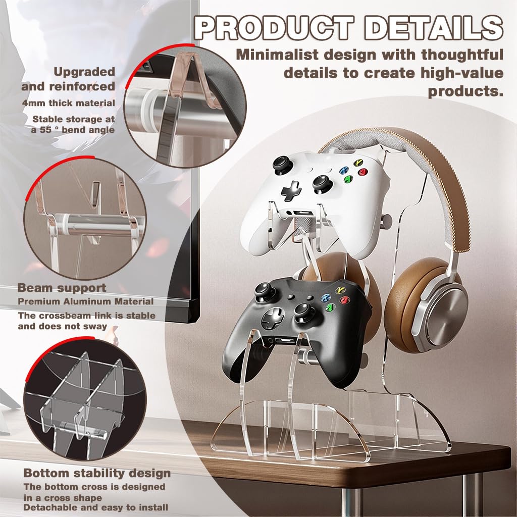 ZORBES Game Controller Headphone Stand with Dual Storage Rack and Clear Acrylic Design | Space Saving Desk Organizer