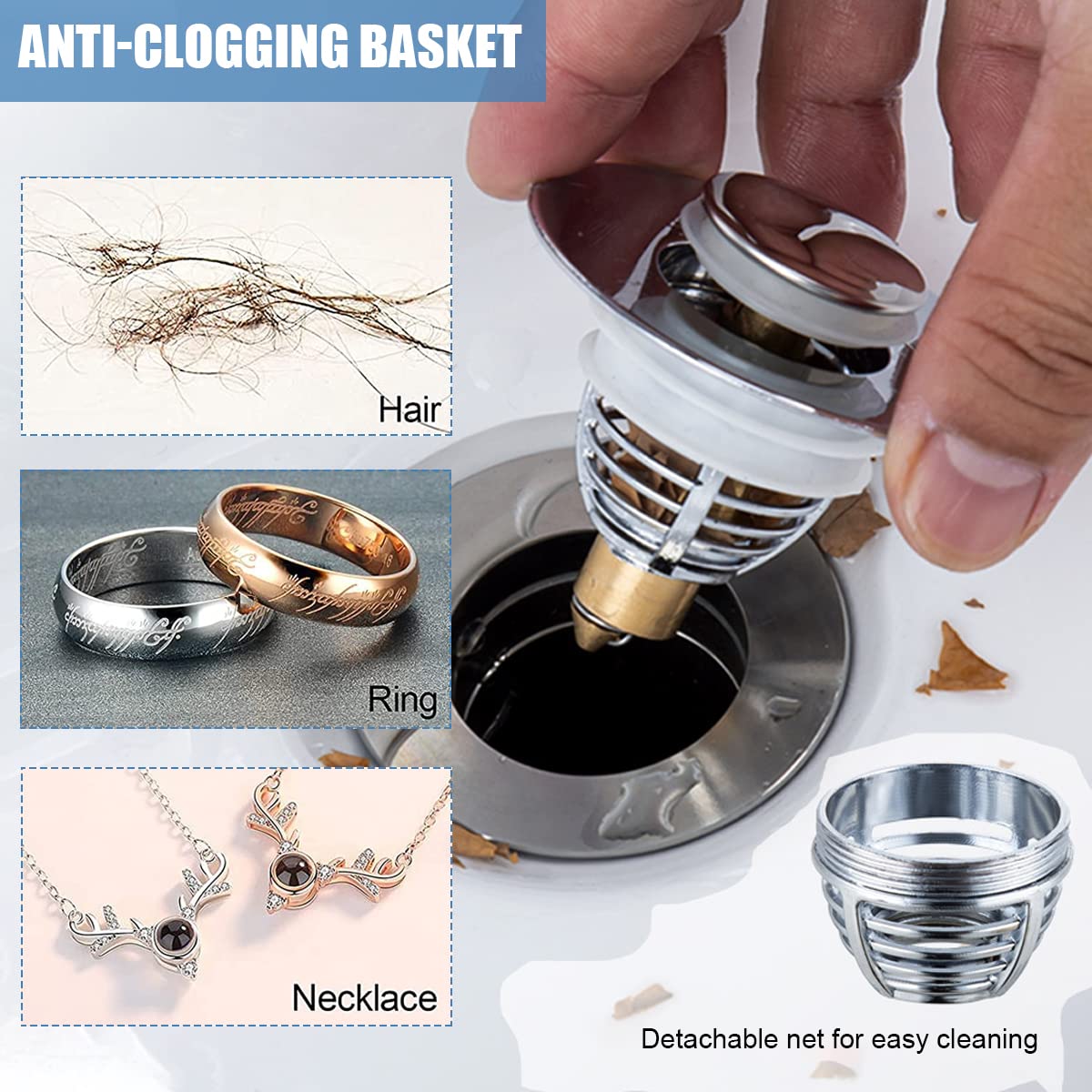 HASTHIP Waste Coupling for Wash Basin with 2 in 1 Pop Up Strainer | Stainless Steel 62mm Plug