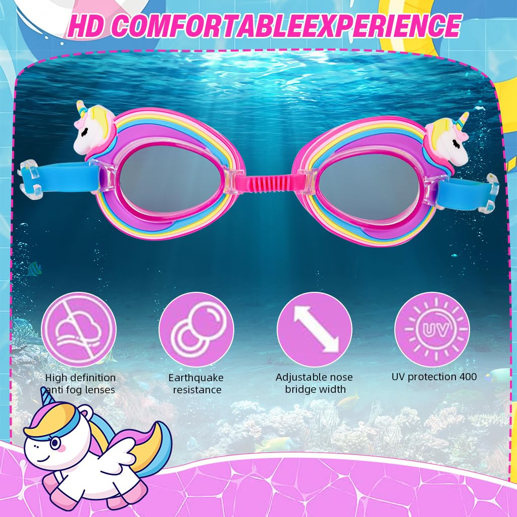 Proberos Kids Swimming Goggles with Anti Fog UV Protection featuring Cartoon Unicorn | 2PCS for Ages 6–12