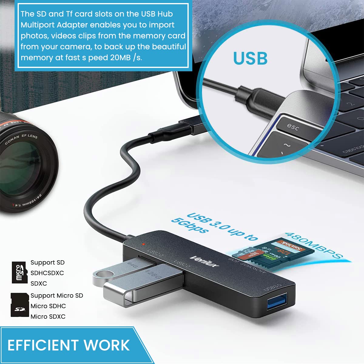 Verilux USB Hub 3.0 for PC and Laptop with 5 in 1 Ports and SD TF Card Reader | Aluminium Adapter