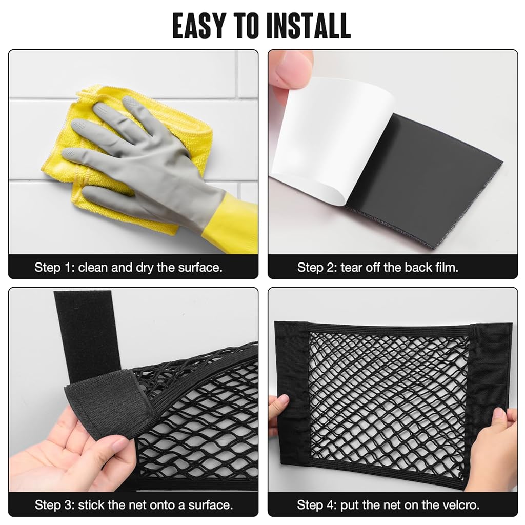 HASTHIP® 2PCS Car Storage Net Bag with Tape Stickers, Adhesive Mesh Pocket Net String Pouch Bag, Stretchable RV Storager Netting, Wall Sticker Organizer Pouch Bags for Home Storage-Black