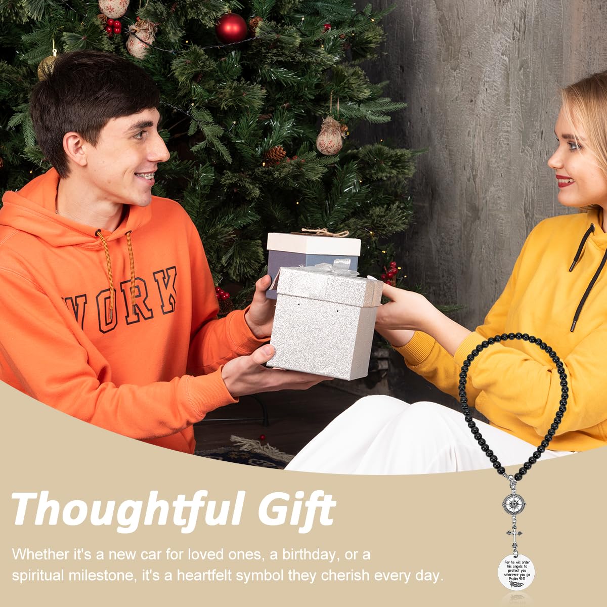 STHIRA Guardian Angel Cross Car Mirror Hanging Charm with Compass Pendant | Spiritual Interior Decor Gift