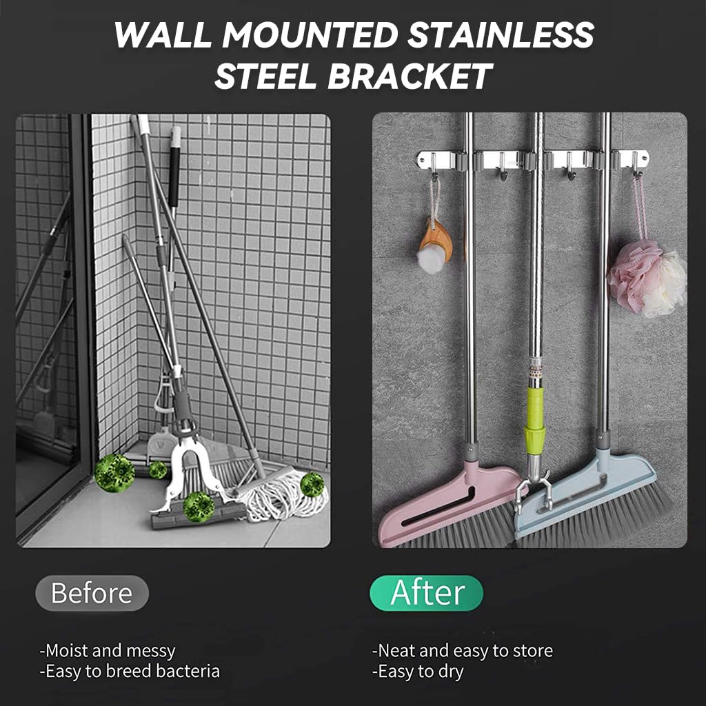 Zibuyu Broom Holder Wall Mounted for Kitchen and Bathroom with 3 Holders & 4 Hooks 14.9 in Stainless Steel Organizer
