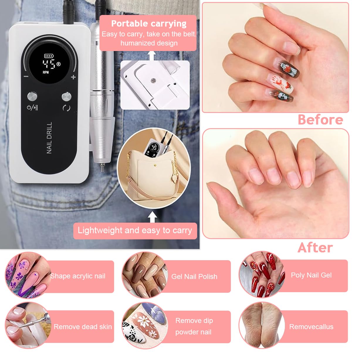 MAYCREATE Electric Nail Drill Machine for Manicure with LCD Display and 45000RPM | Rechargeable Kit with 5 Bits