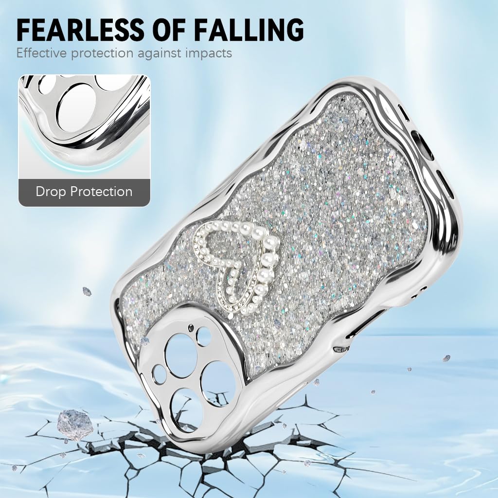 ZORBES iPhone 16 Pro Case with Silver Glitters and Beaded Lanyard | Shockproof Cover for Girls