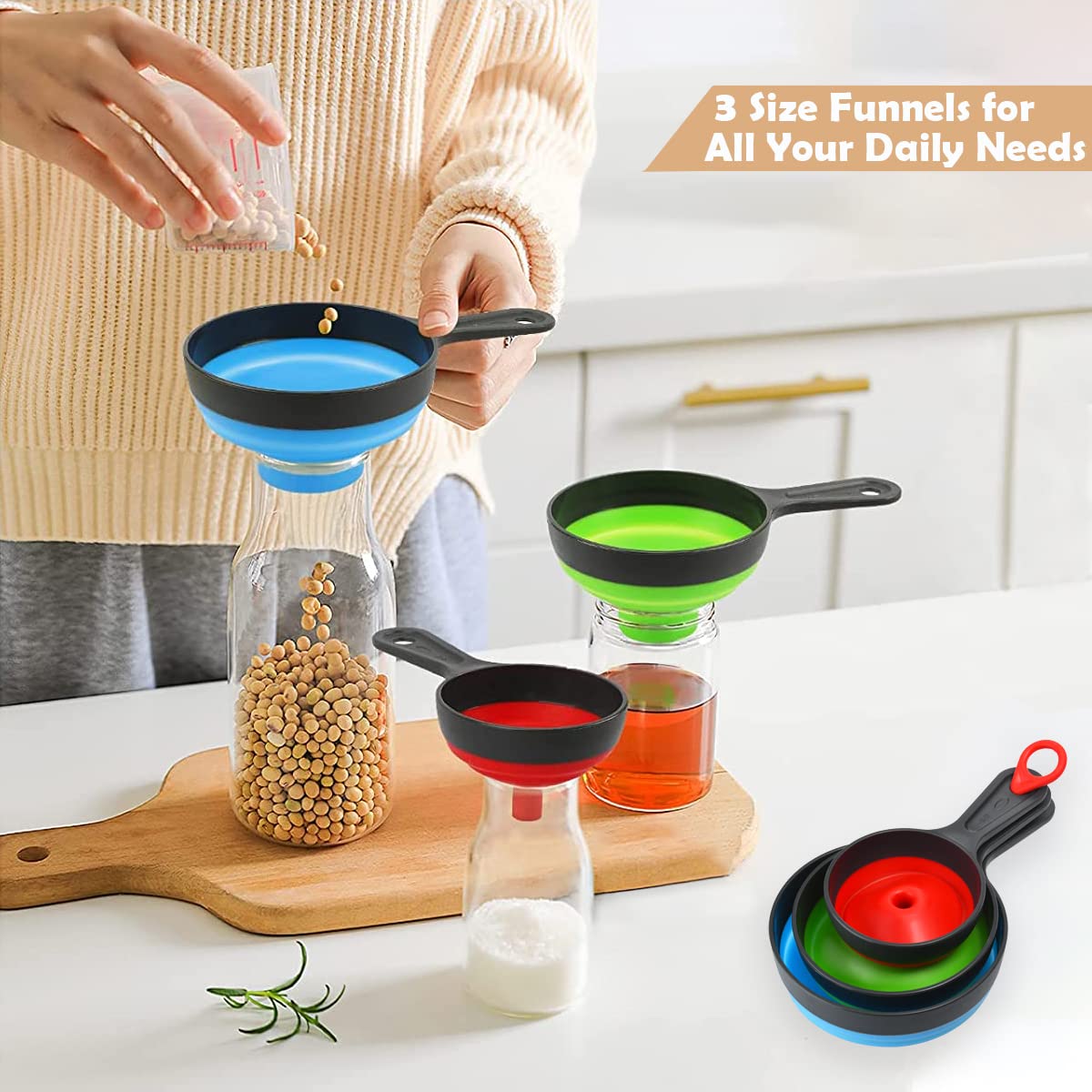 ELEPHANTBOAT® 3Pcs Kitchen Funnels Set for Kitchen Use Mason Jars for Filling Bottles, Silicone Collapsible Funnel for Transfer Liquid, Oil and Powder, Three Size Wide Mouth Funnel with Handle