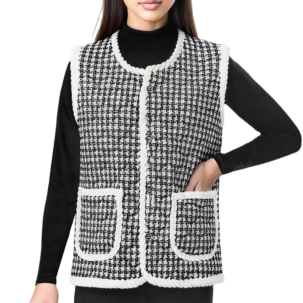 SANNIDHI Women’s Fleece Vest for Winter Layering with Button Front and Houndstooth Print