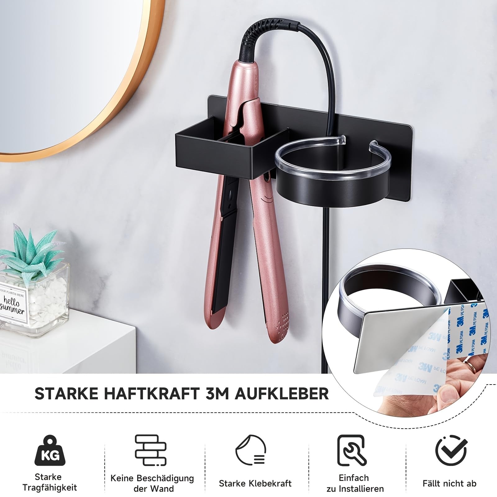 HASTHIP Wall Hair Dryer Organizer for Bathroom with Cable Management Knob | Carbon Steel Storage Rack