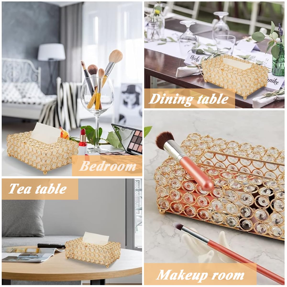 HASTHIP Tissue Box Holder for Bathroom and Dresser featuring Crystal Beads and Metal Frame 9x3.93x5.1 in