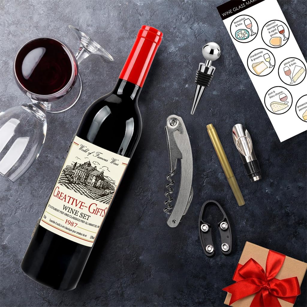 ZIBUYU Wine Accessories Kit 5Pcs for Parties and Gifts with Bottle Shaped Box | Includes Corkscrew and Stopper