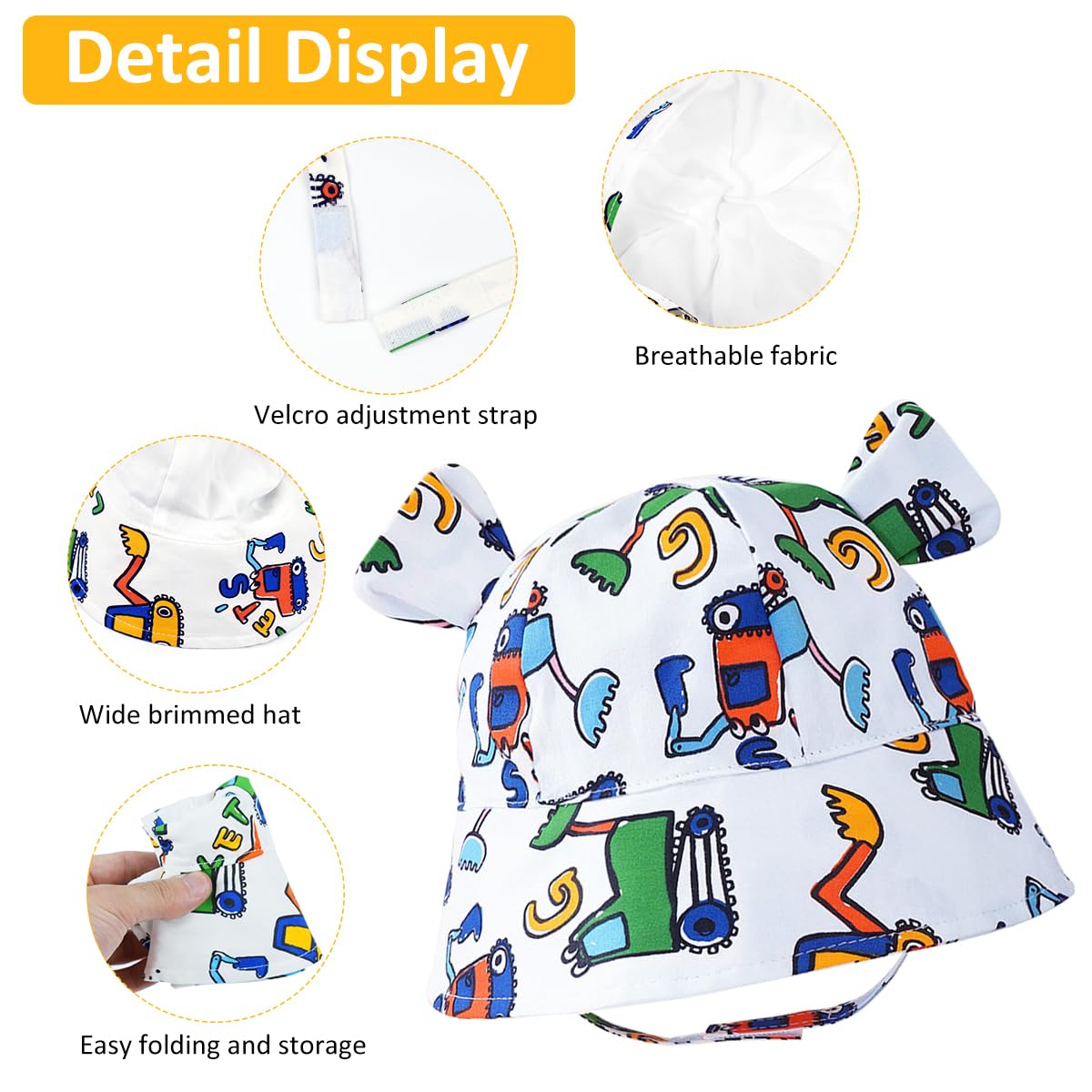 SNOWIE SOFT® Baby Sun Hat Wide Brim Bucket Hat for Todders, Breathable Hat with Chin Strap Cover for Age 1-2, Cartoon Summer Hat Outdoor Hat with Whistle for Spring Summer, Beach Hat for Girl Boy