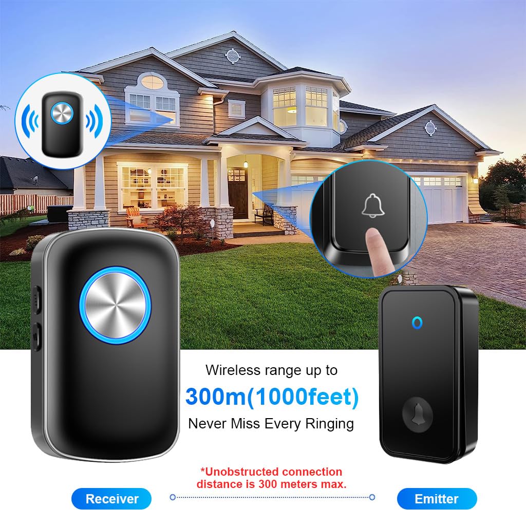 Supvox® Wireless Doorbell Kit, LED Flash Door Bell for Home Office, Self-Powered Doorbell Transmitter, 492ft Application Range, 60 Ringtone Switchable, Clear and Loud Sound, 5 Volume Level Adjustable