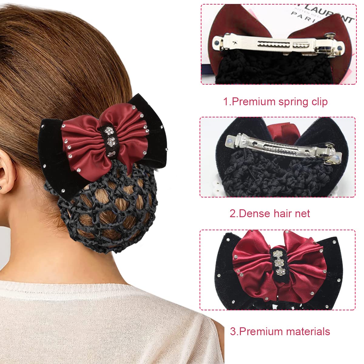 MAYCREATE® Hair Bun Net Bow Hair Clip Bun Cover for Women Mesh Barrette Spring Clip Hairnet Bowknot Decor Snood Net for Daily, Work, Dancer, Nurse, etc (Red)