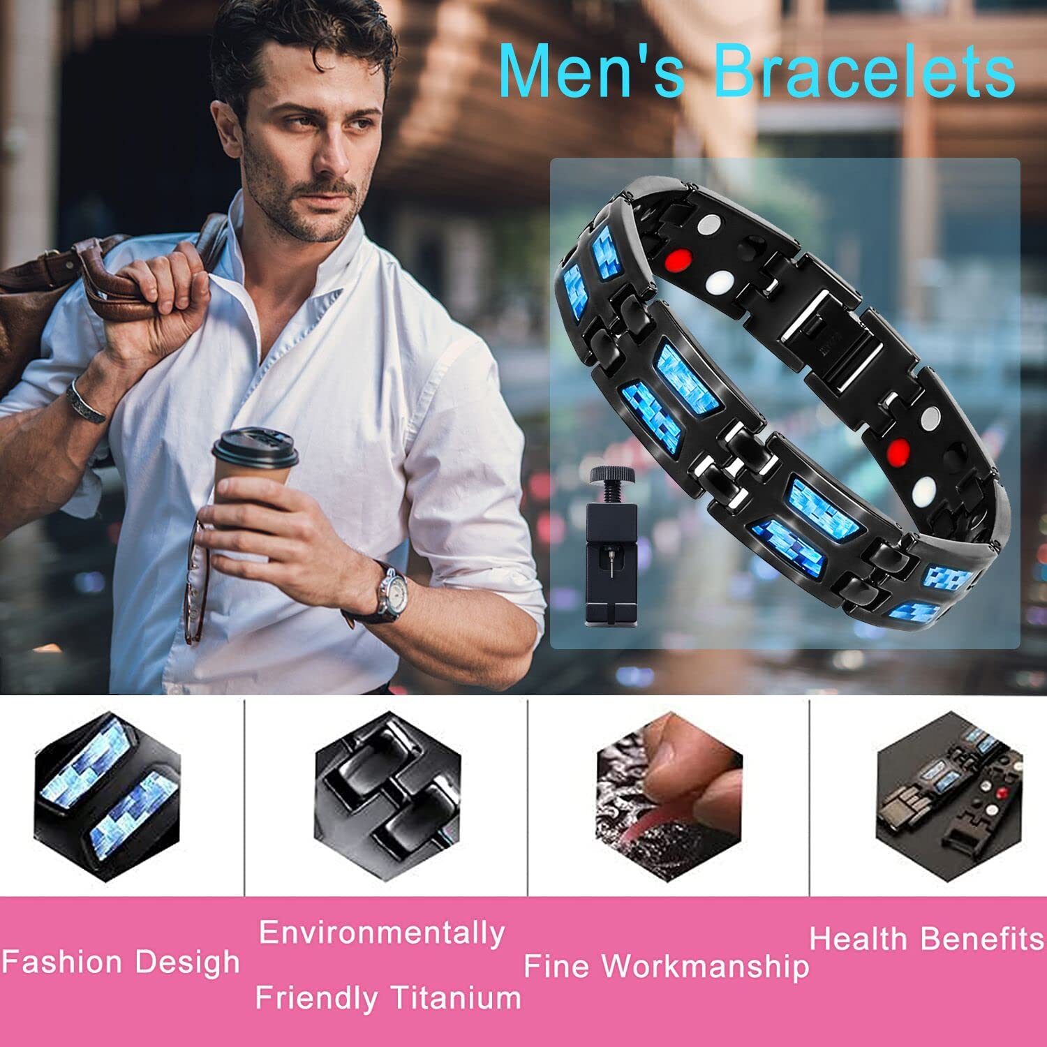 SANNIDHI Magnetic Therapy Bracelet for Pain Relief with Titanium Steel 8.54 in Black | Adjustable for Men and Women