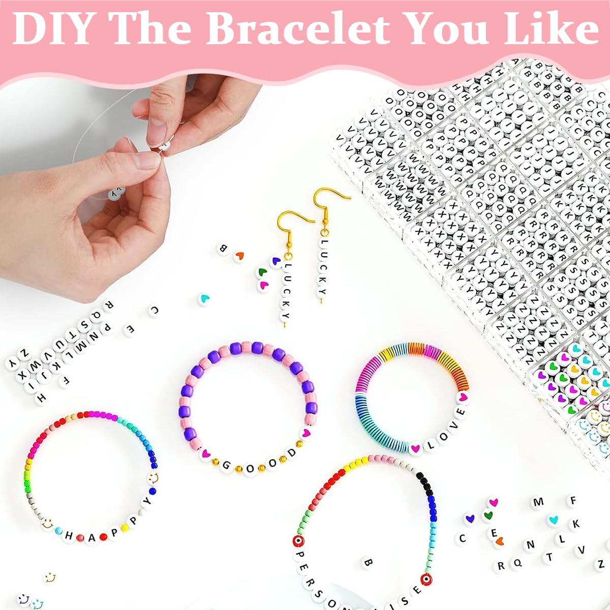 SANNIDHI Alphabet Beads for Bracelets and Necklace Jewelry Making Kit with 1400 Pcs | Colorful Acrylic Smiley Face and Heart Beads for DIY Crafts