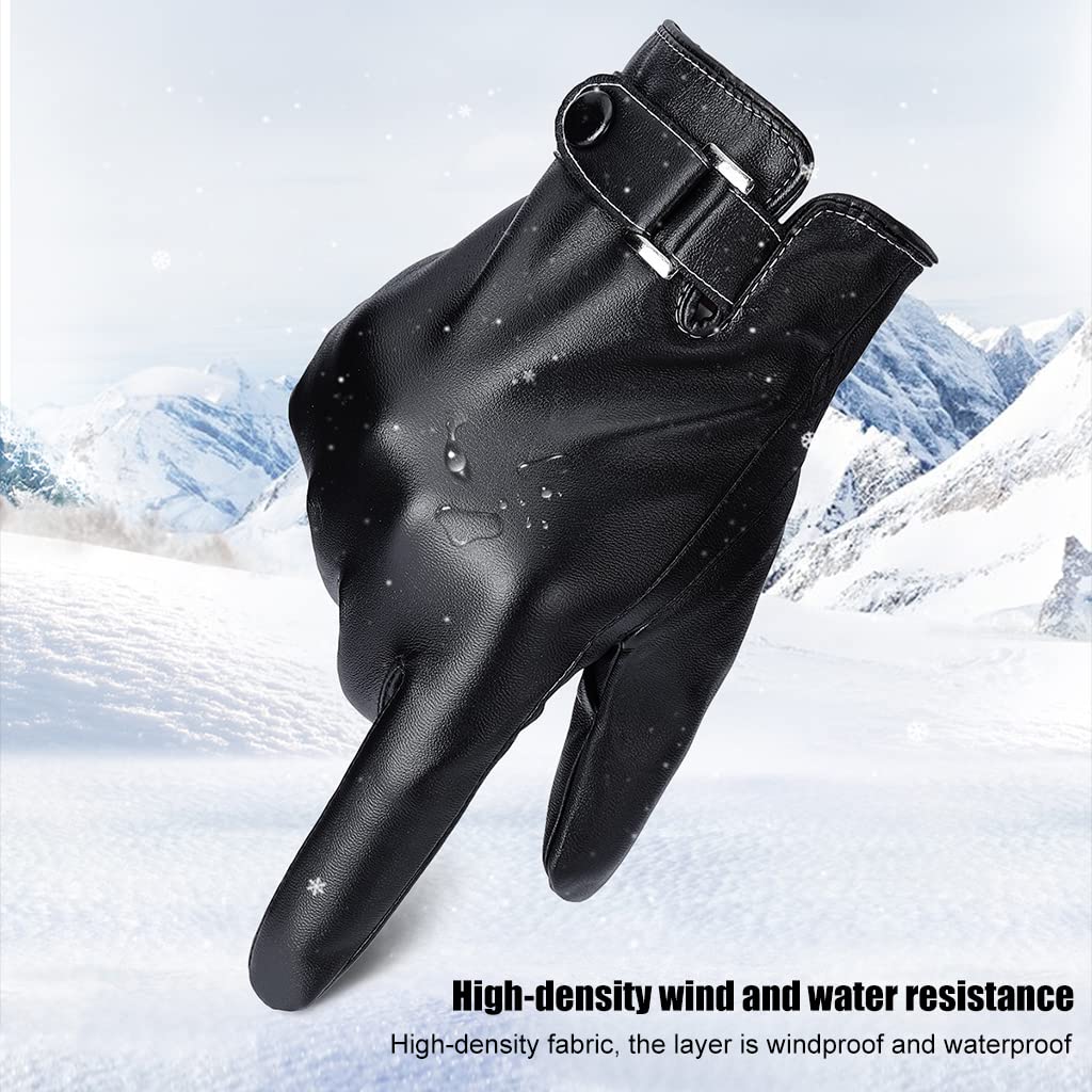 Proberos Winter Gloves for Men, PU Leather Fleece Warm Lining Gloves for Riding, Touch Screen Winter Gloves Fashion Winter Leather Gloves for Men Driving Gloves for Men (Black Style 3)