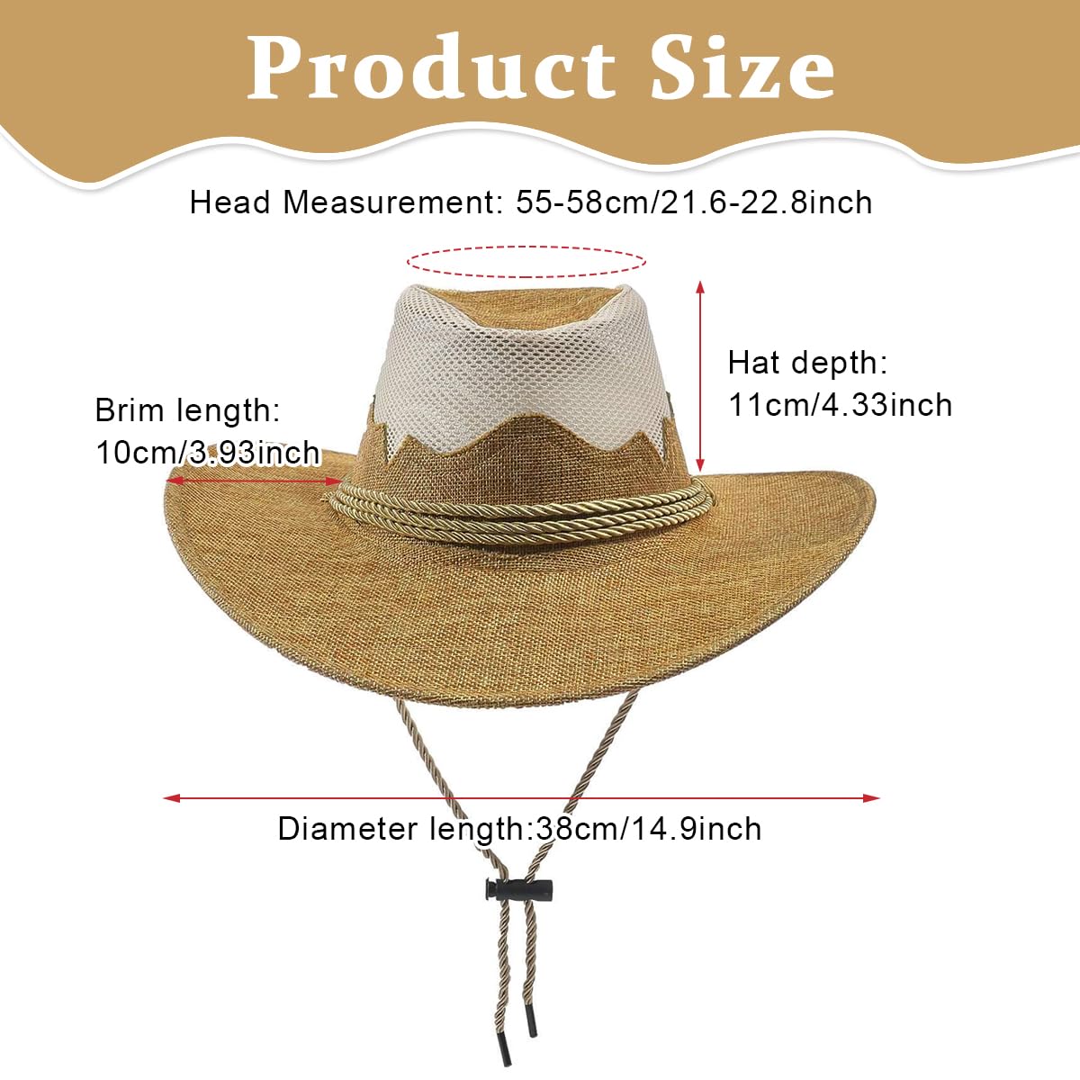 GUSTAVE® Cowboy Hats for Men, Breathable Woven Flax Sun Hat, Wide Brim Sun Protection, Fashionable Summer & Hiking Hat with Secure Chin Strap, Classic Western Style, Khaki