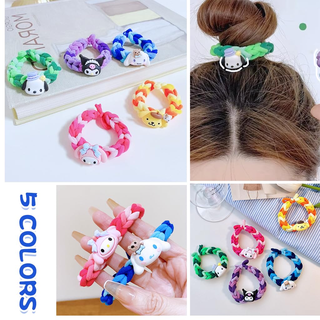 SANNIDHI Girls Hair Ties 15PCS with Two Color Woven Design featuring Kawaii Cartoon Characters | Cute Elastic Bracelets for Gifts