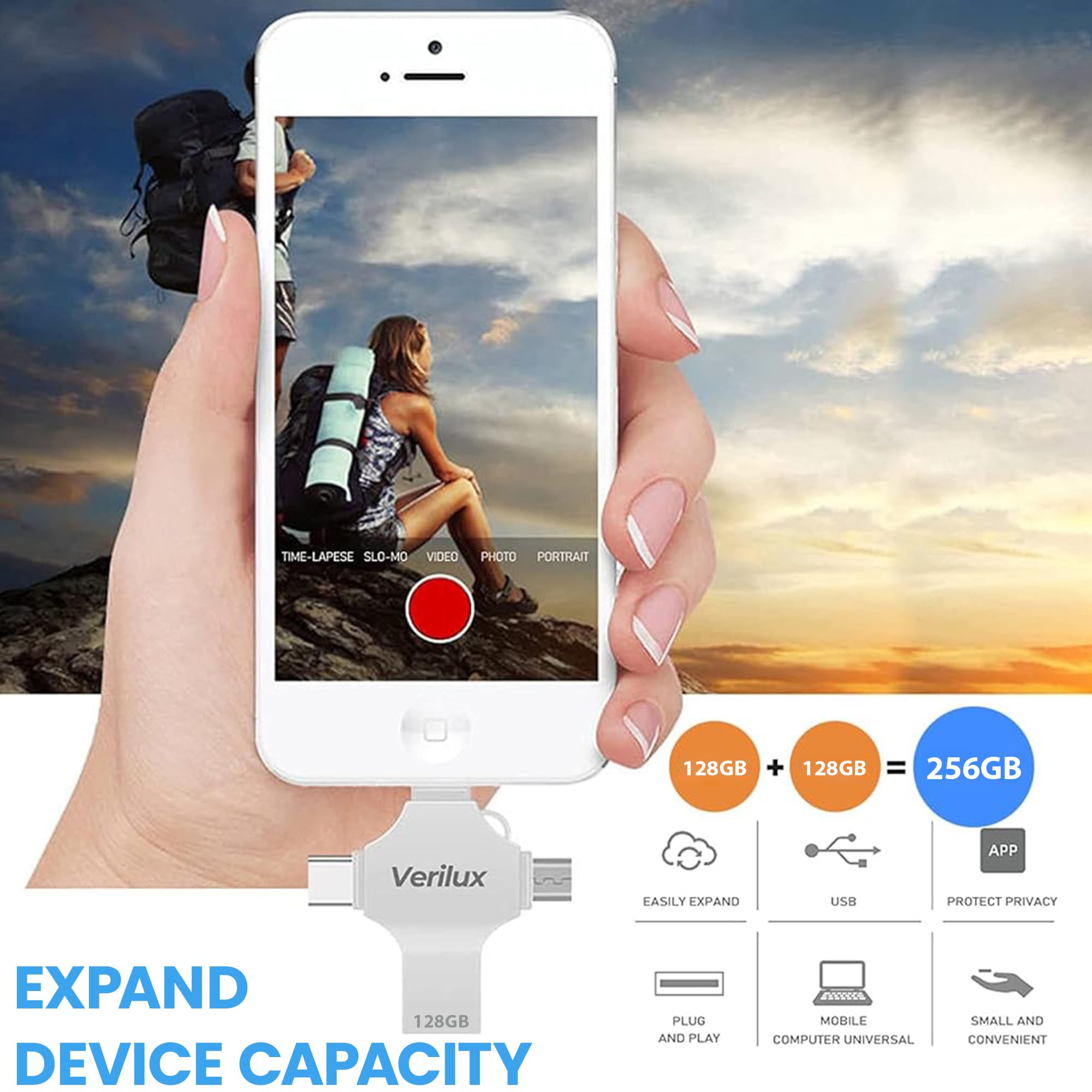 Verilux Pendrive 128GB for iPhone and Android featuring 4 in 1 USB Connectors and Metal Body