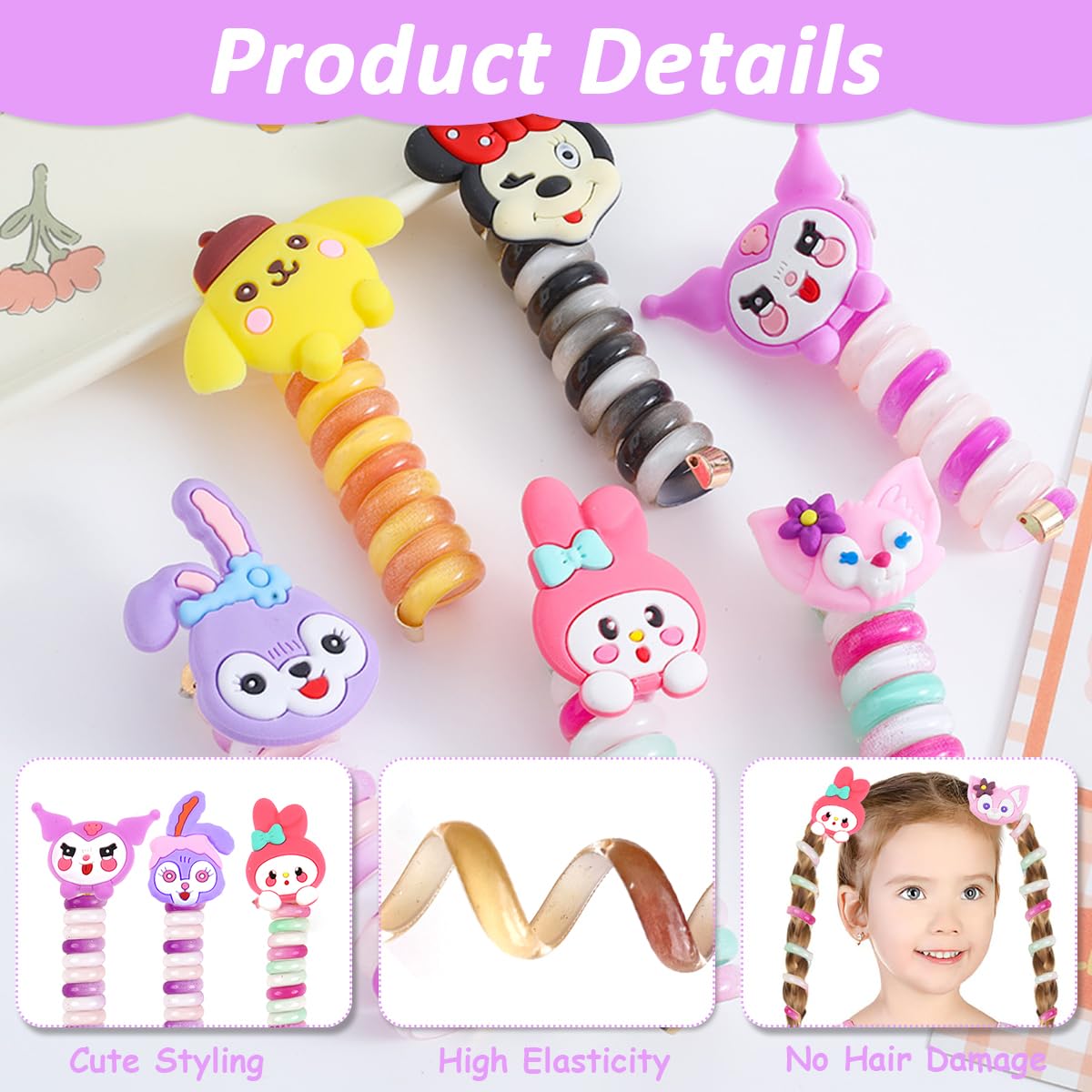 PALAY Telephone Wire Hair Band for Kids featuring Elastic Spiral Design 3 PCS | Cute Butterfly Ponytail Holders