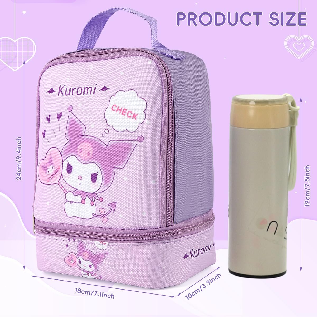 HASTHIP Lunch Box Carrier Bag for School with Double Layer Insulation and 600D Oxford | 18X10X24CM Kawaii Design