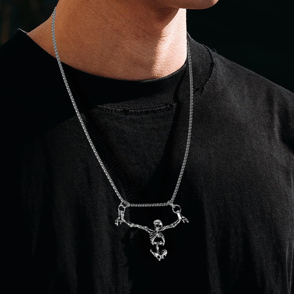 GUSTAVE Punk Alloy Necklace featuring Skeleton Pendant and Spine Link Chain for Men Women