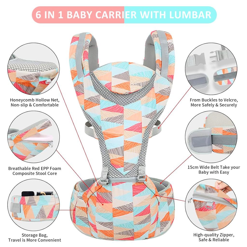 SNOWIE SOFT 6 in 1 Baby Carrier with Lumbar Support for Baby with Pockets and Bib, 360 All-Position Baby Wrap Carrier Front and Back Backpack Carrier for Newborn Infant Toddler Unerder 30kg