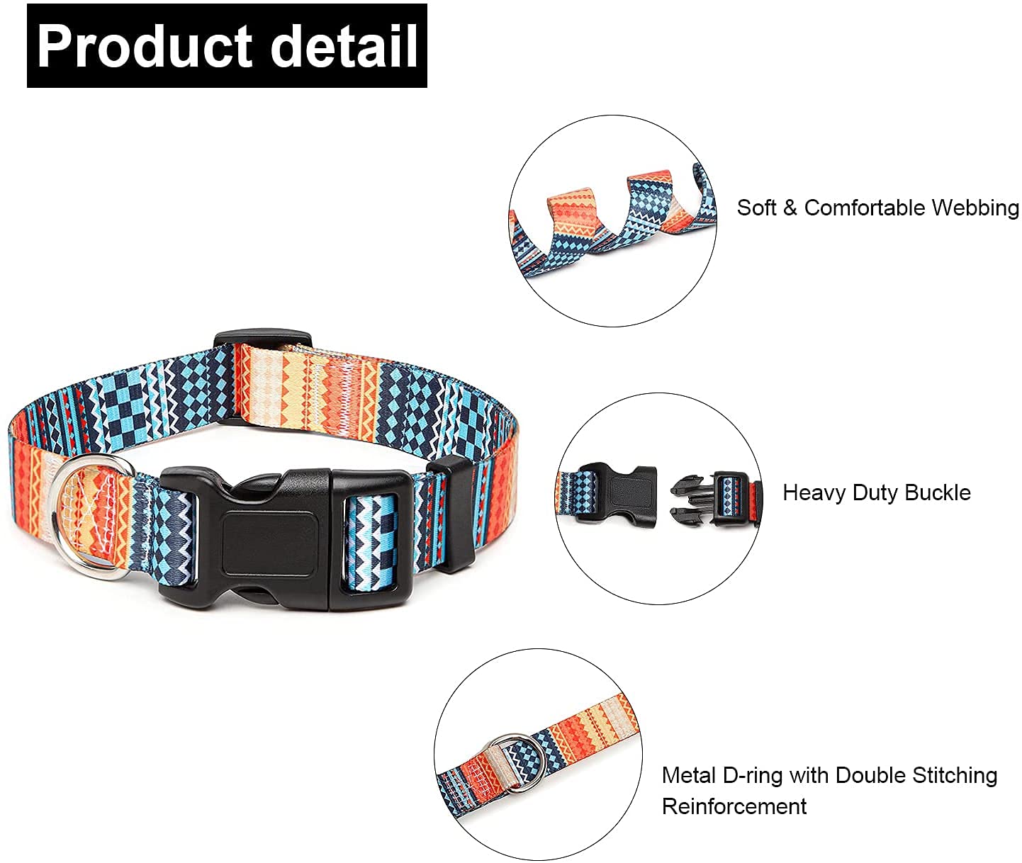 Qpets Dog Collar Adjustable 33–55 cm with Bohemia Pattern | 3PCS Nylon and Stainless Steel Set