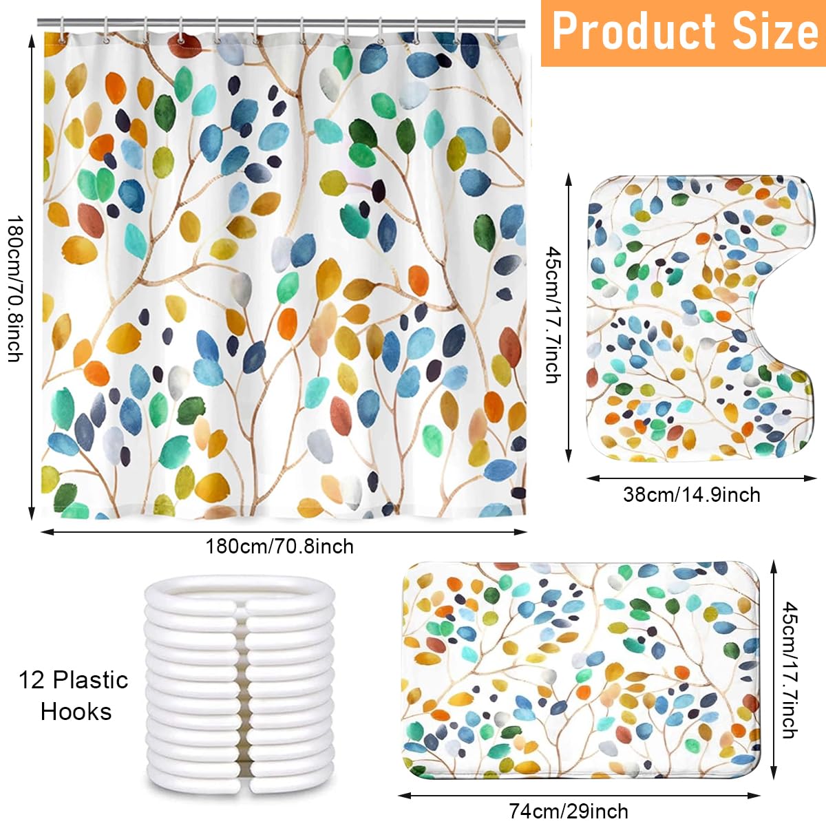 HASTHIP Boho Leaf Bathroom Set for Modern Indian Homes featuring Waterproof Curtain | 3-Piece Combo with Toilet Cover and Absorbent Mat