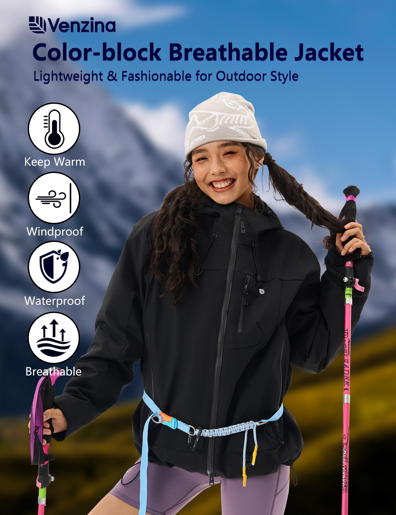 Venzina Women's Waterproof Jacket for Commute and Outdoor Activities featuring a Color Block Design | Breathable Black XL Windbreaker