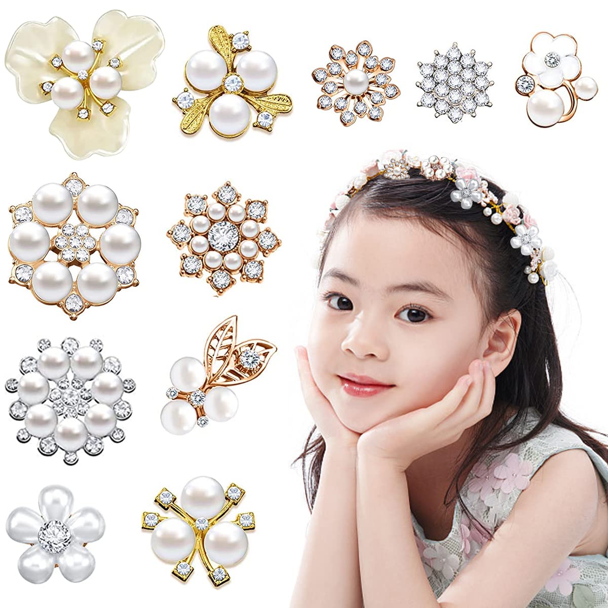 SANNIDHI Pearl Rhinestone Brooch Buttons for DIY Crafts featuring Alloy Flower Flat Backs | 11pcs Embellishments for Jewelry, Bags and Clothes