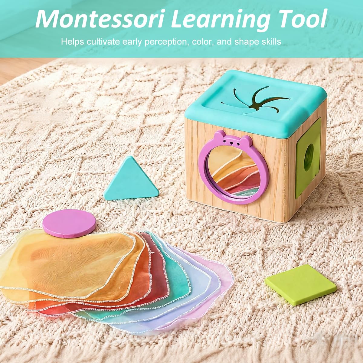 PATPAT Wooden Tissue Box Baby Toy for Sensory Play with 8 Sheer Tissues and Mirror | Montessori Learning