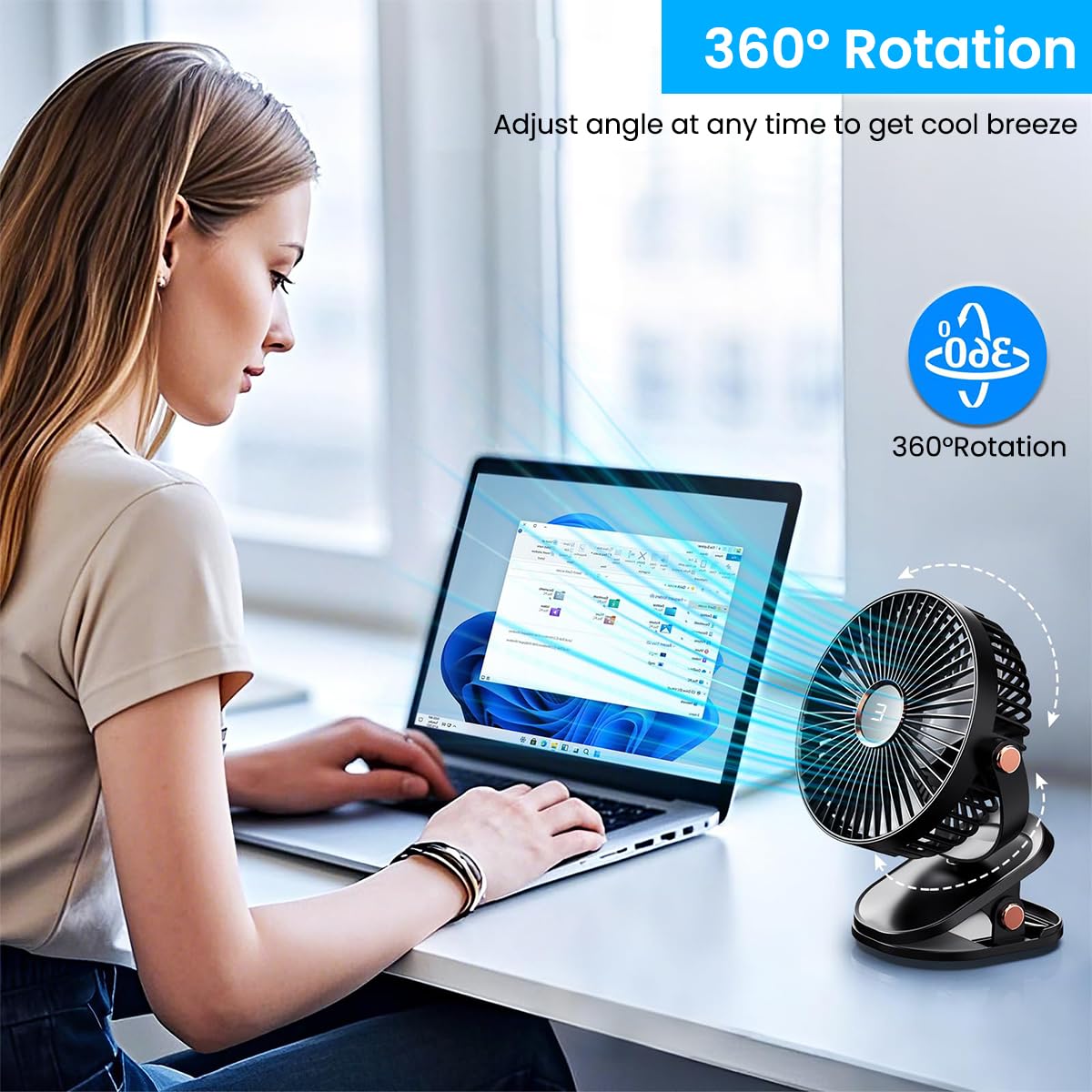 Verilux USB Clip Fan for Home and Office with 2000mAh Battery and 360° Adjustment | Night Light