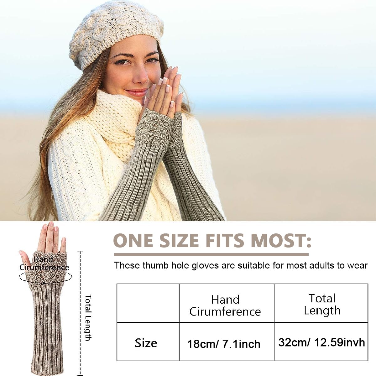 Venzina Hand Warmers Gloves for Women with Thumb Hole featuring 31cm Long Acrylic Knit | Fingerless Winter Arm and Wrist Warmer