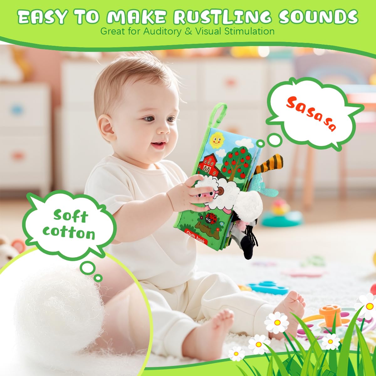 SNOWIE SOFT Farm Theme Cloth Books for Babies with 12 Textured Animal Tails | BPA-Free Sensory Toy