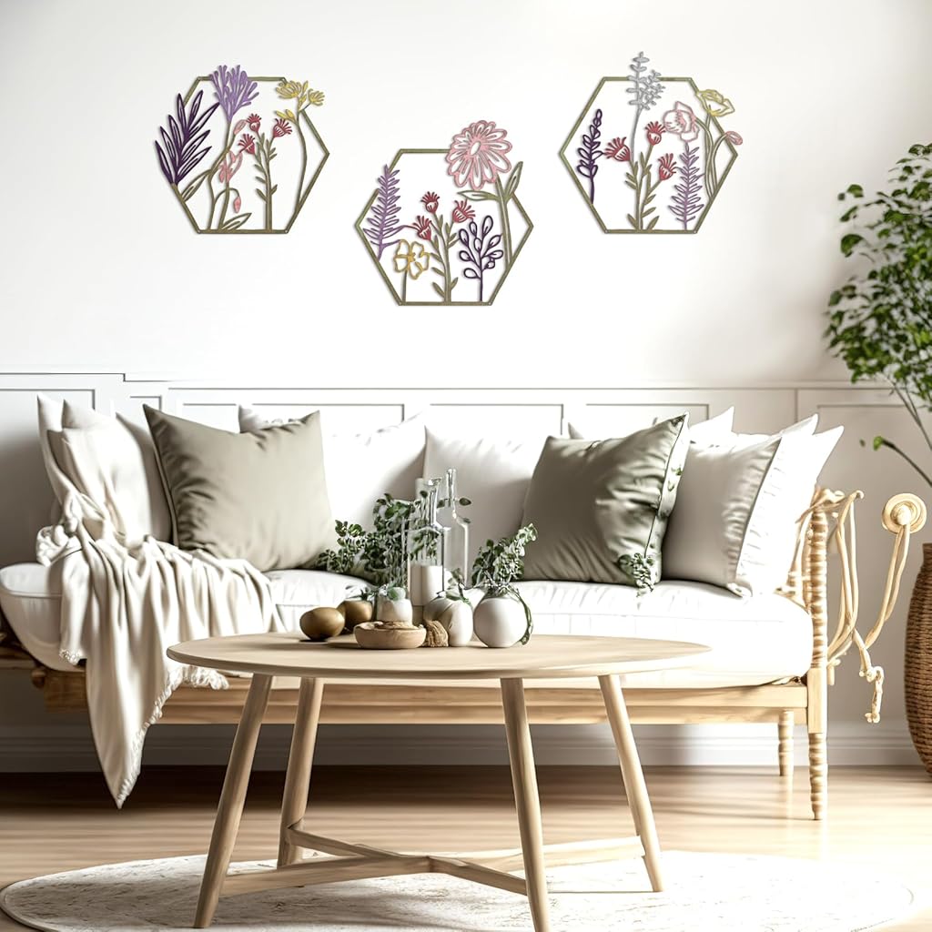 HASTHIP® 3Pcs Modern Colorful Floral Hexagon Wall Decor, Wrought Iron Metal Wall Hangings Set, 32x32cm Cut-Out Art Decorative Wall Decor Items for Living Room, Bedroom & Office