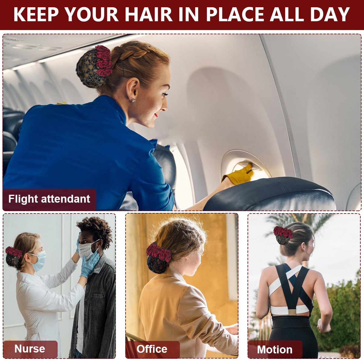 MAYCREATE Hair Bun Accessories for Women with Alloy Spring Clip and Cloth Net 3 PCS | Elegant Rose Flower Design for Daily Wear