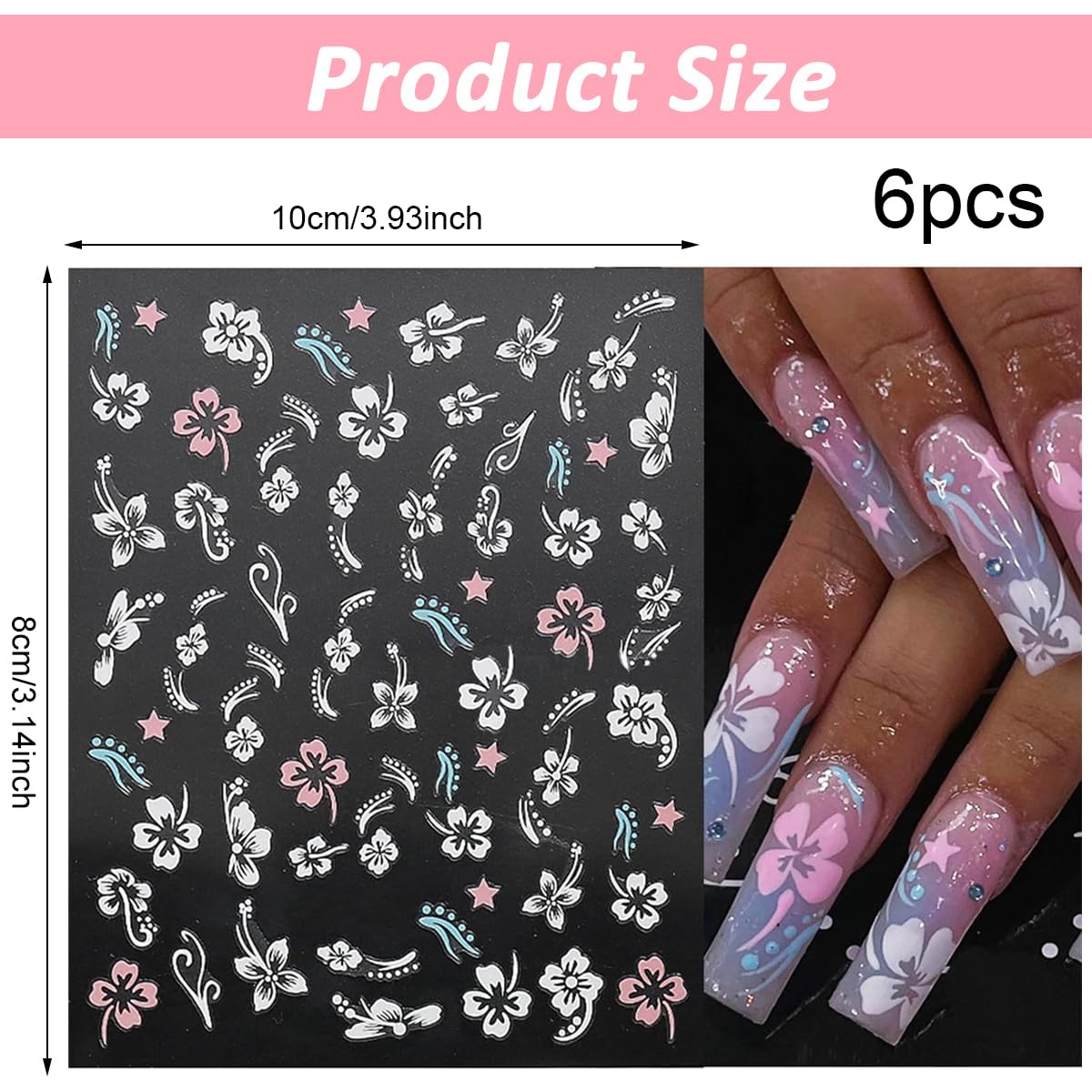 MAYCREATE Nail Stickers for Summer DIY Art featuring 6Pcs 3D Embossed Hibiscus Design | Women