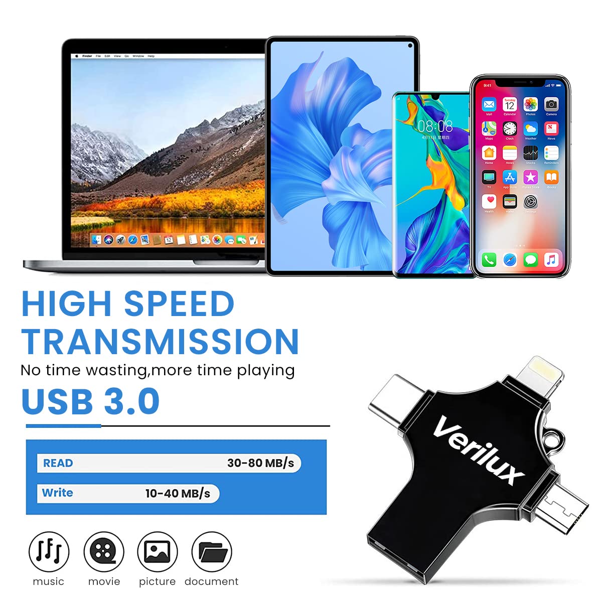 Verilux® 4 in 1 Pendrive 64GB, Flash Drive- 64GB USB Pen Drive for iPhone/iPad/Android- Multi-Interface, High-Speed Transfer & Convenient Portable Design