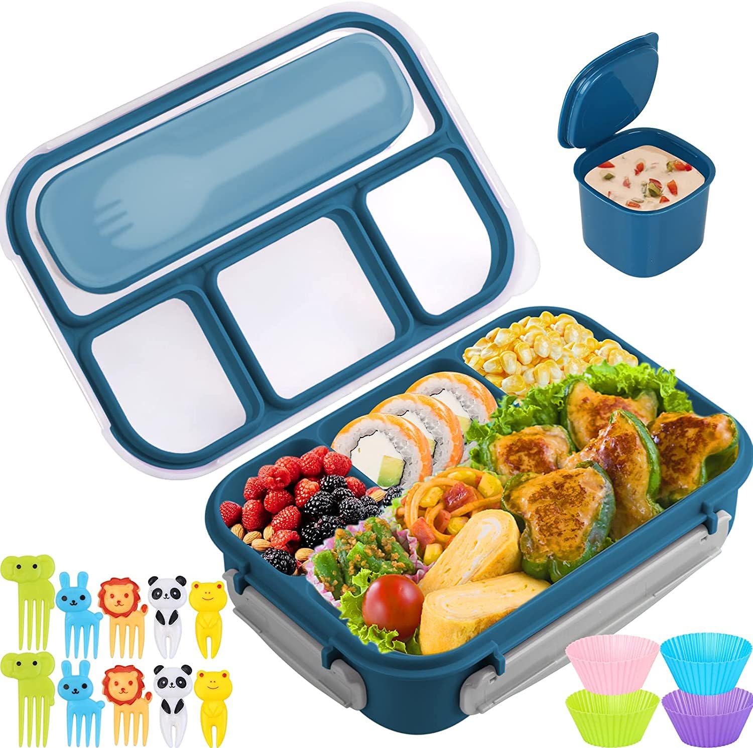 Supvox Lunch Box for Kids with 4 Compartments and Leak Proof Lid | Wheat Straw Bento Box Blue