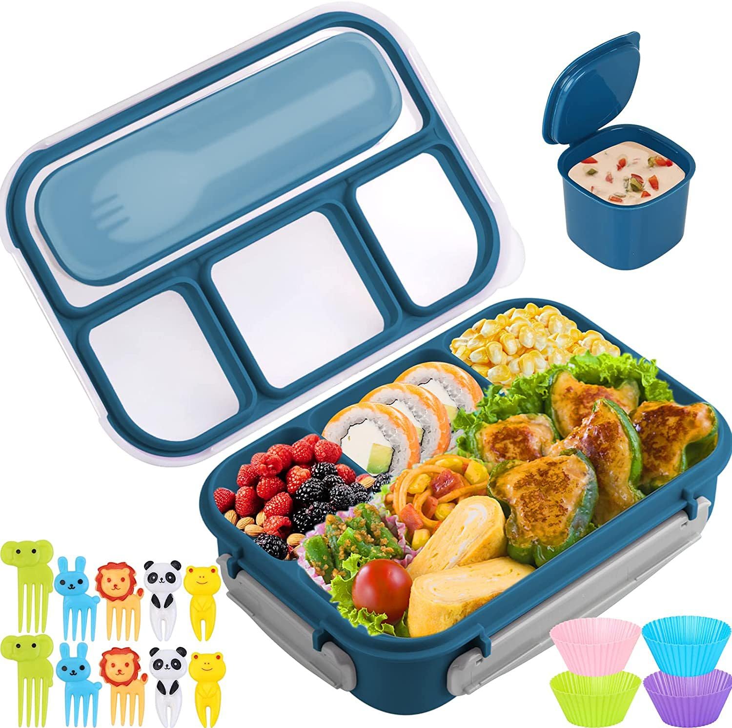 Supvox® Lunch Box for Kids School Bento Box for Kids 4 Compartments Bento Box Fruit Box for Kids to School, with 4 Samll Cups, Kids Fruit Picks, Mini Sauce Box, School Lunch Box for Kids, Blue