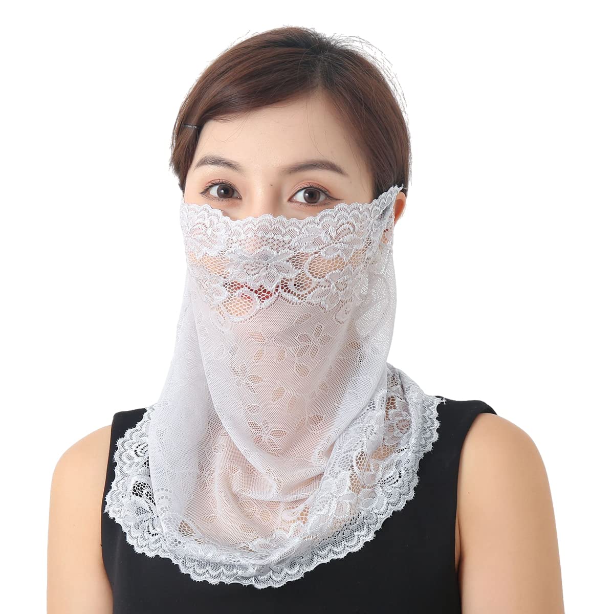 PALAY® Lace Face Mask Face Cover for Women Sun Protection, Stylish Breathable UV Protection Embroidery Veil Face & Neck Covering for Girls - Hanging Ear Design